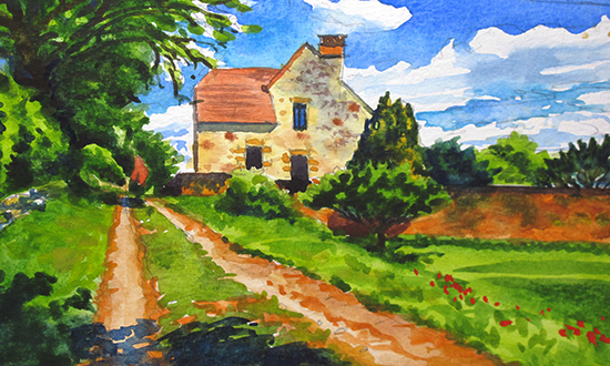 Watercolor painting of back lane in Domme, France, by John Hulsey